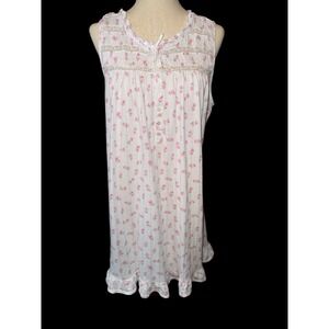 Eileen West Nightgown Womens Large White Pink Floral Lace Trim Sleeveless Ruffle
